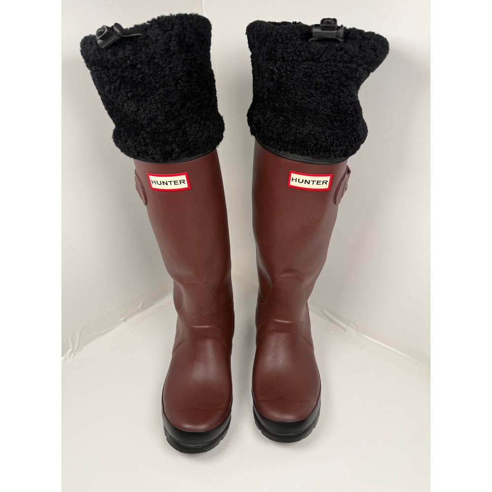 Hunter Rain Boots Womens 8 Burgundy Original Tall Fleece Cuff Waterproof Buckle